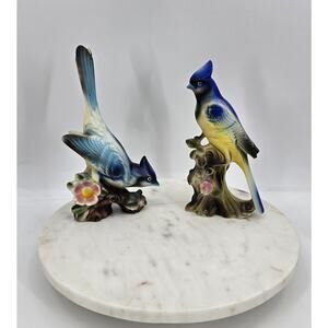 Vintage UCAGCO Blue Jay Bird Figurines Pair Mid Century Japan Ceramic